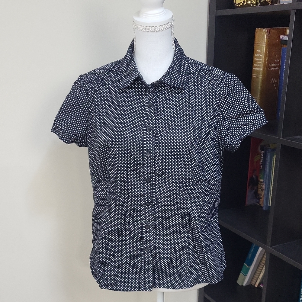 STYLE & CO Navy Blue White Cotton Polka-Dot Fitted Short Sleeve Button Down